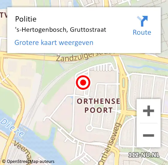 Locatie op kaart van de 112 melding: Politie 's-Hertogenbosch, Gruttostraat op 14 oktober 2024 11:37