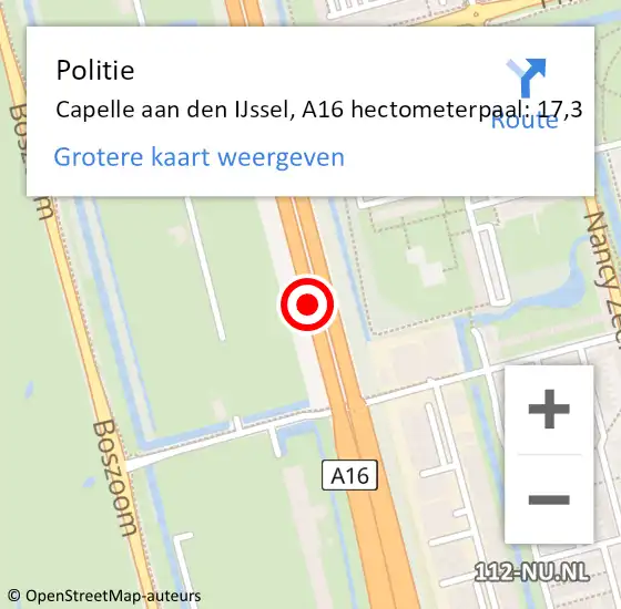 Locatie op kaart van de 112 melding: Politie Capelle aan den IJssel, A16 hectometerpaal: 17,3 op 14 oktober 2024 11:39