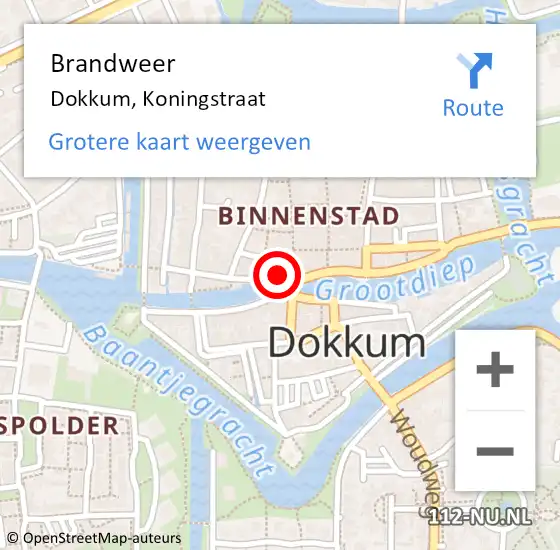 Locatie op kaart van de 112 melding: Brandweer Dokkum, Koningstraat op 14 oktober 2024 12:40