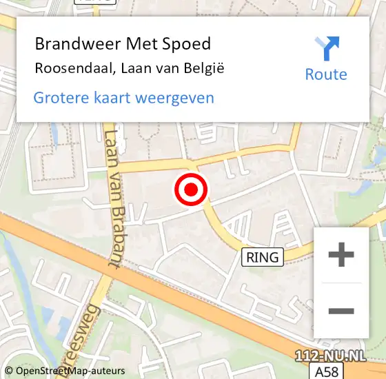 Locatie op kaart van de 112 melding: Brandweer Met Spoed Naar Roosendaal, Laan van België op 14 oktober 2024 15:16