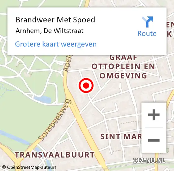 Locatie op kaart van de 112 melding: Brandweer Met Spoed Naar Arnhem, De Wiltstraat op 14 oktober 2024 15:29