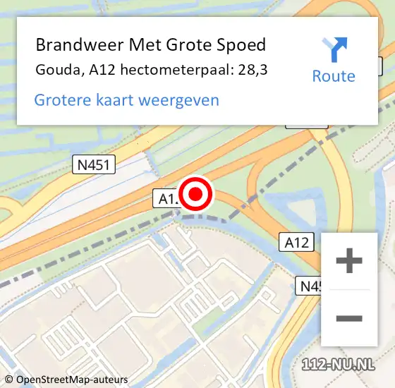 Locatie op kaart van de 112 melding: Brandweer Met Grote Spoed Naar Gouda, A12 hectometerpaal: 28,3 op 14 oktober 2024 15:54