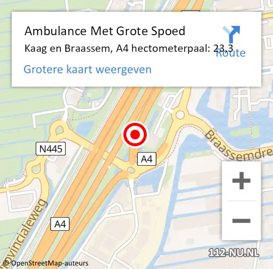 Locatie op kaart van de 112 melding: Ambulance Met Grote Spoed Naar Kaag en Braassem, A4 hectometerpaal: 23,3 op 14 oktober 2024 16:20