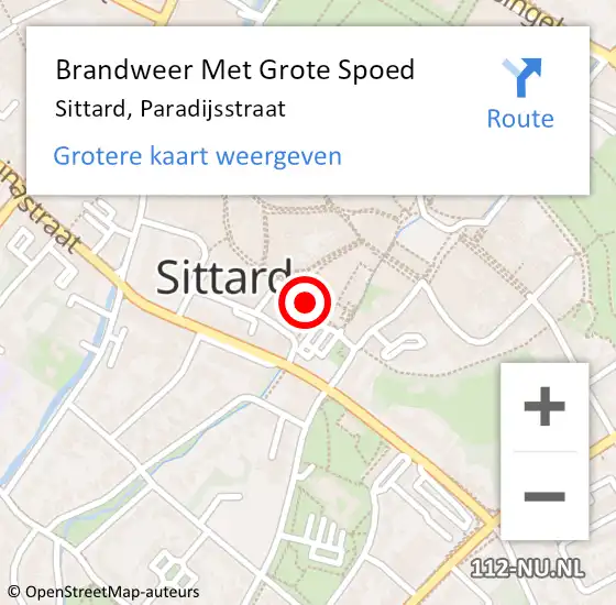 Locatie op kaart van de 112 melding: Brandweer Met Grote Spoed Naar Sittard, Paradijsstraat op 14 oktober 2024 16:26