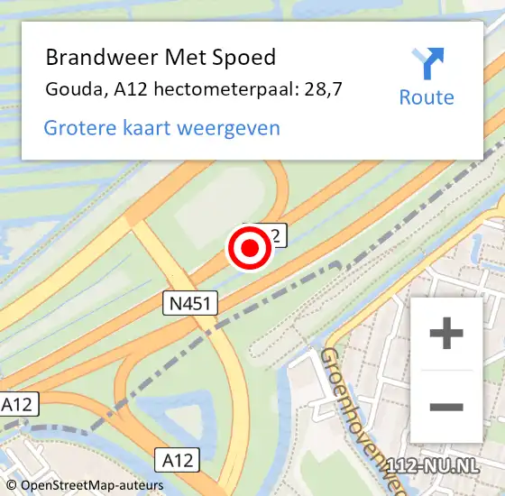 Locatie op kaart van de 112 melding: Brandweer Met Spoed Naar Gouda, A12 hectometerpaal: 28,7 op 14 oktober 2024 16:30