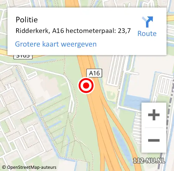 Locatie op kaart van de 112 melding: Politie Ridderkerk, A16 hectometerpaal: 23,7 op 14 oktober 2024 16:39