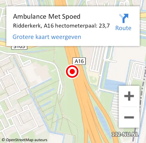 Locatie op kaart van de 112 melding: Ambulance Met Spoed Naar Ridderkerk, A16 hectometerpaal: 23,7 op 14 oktober 2024 16:41