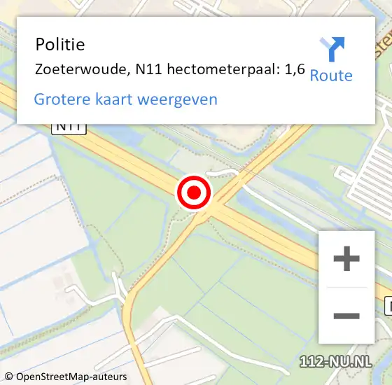 Locatie op kaart van de 112 melding: Politie Zoeterwoude, N11 hectometerpaal: 1,6 op 14 oktober 2024 17:04