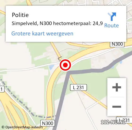 Locatie op kaart van de 112 melding: Politie Simpelveld, N300 hectometerpaal: 24,9 op 14 oktober 2024 17:15