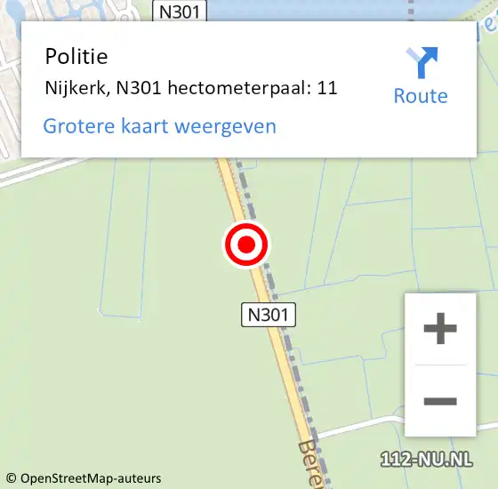 Locatie op kaart van de 112 melding: Politie Nijkerk, N301 hectometerpaal: 11 op 14 oktober 2024 17:34