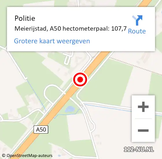 Locatie op kaart van de 112 melding: Politie Meierijstad, A50 hectometerpaal: 107,7 op 14 oktober 2024 18:36