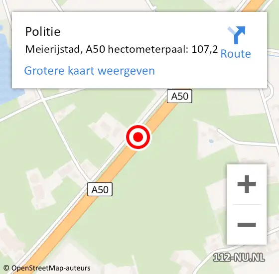 Locatie op kaart van de 112 melding: Politie Meierijstad, A50 hectometerpaal: 107,2 op 14 oktober 2024 18:40