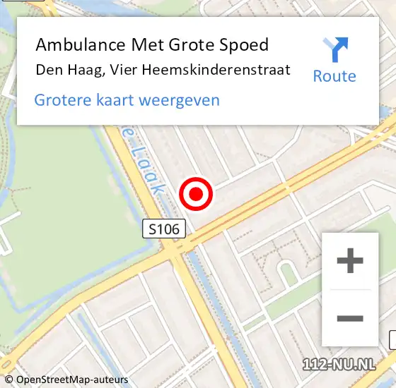 Locatie op kaart van de 112 melding: Ambulance Met Grote Spoed Naar Den Haag, Vier Heemskinderenstraat op 14 oktober 2024 18:43