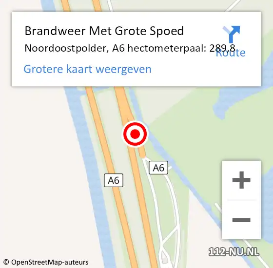 Locatie op kaart van de 112 melding: Brandweer Met Grote Spoed Naar Noordoostpolder, A6 hectometerpaal: 289,8 op 14 oktober 2024 19:10