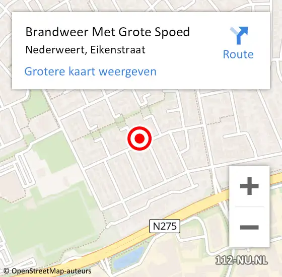 Locatie op kaart van de 112 melding: Brandweer Met Grote Spoed Naar Nederweert, Eikenstraat op 14 oktober 2024 19:59