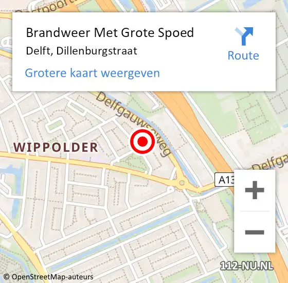 Locatie op kaart van de 112 melding: Brandweer Met Grote Spoed Naar Delft, Dillenburgstraat op 14 oktober 2024 20:03