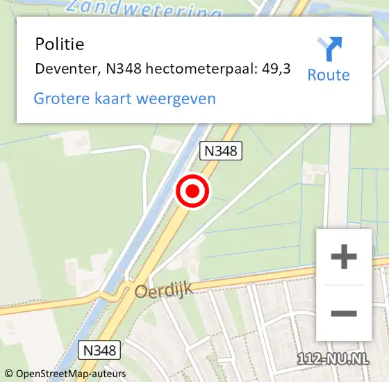 Locatie op kaart van de 112 melding: Politie Deventer, N348 hectometerpaal: 49,3 op 14 oktober 2024 21:21