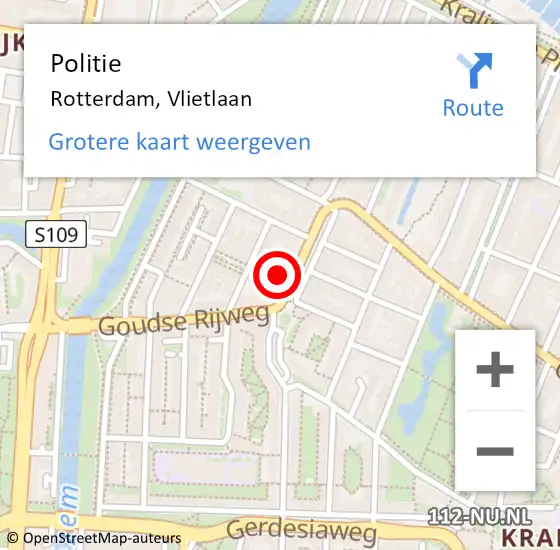 Locatie op kaart van de 112 melding: Politie Rotterdam, Vlietlaan op 14 oktober 2024 22:09