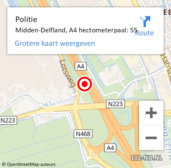 Locatie op kaart van de 112 melding: Politie Midden-Delfland, A4 hectometerpaal: 55 op 14 oktober 2024 22:41