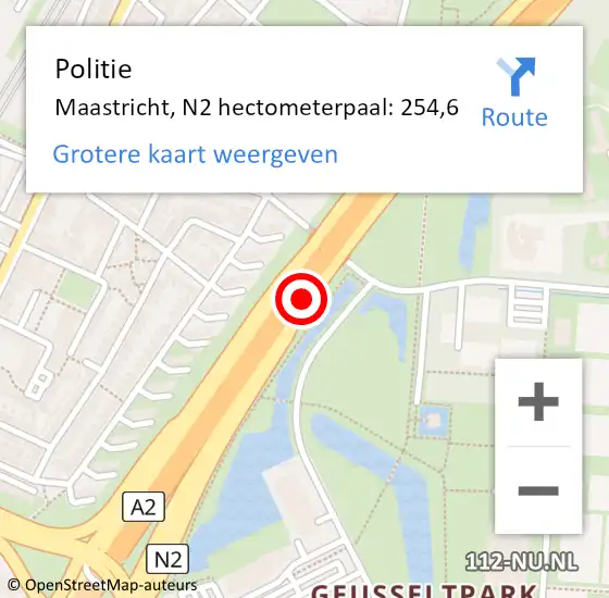 Locatie op kaart van de 112 melding: Politie Maastricht, N2 hectometerpaal: 254,6 op 15 oktober 2024 01:01