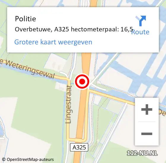 Locatie op kaart van de 112 melding: Politie Overbetuwe, A325 hectometerpaal: 16,5 op 15 oktober 2024 01:58