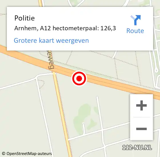 Locatie op kaart van de 112 melding: Politie Arnhem, A12 hectometerpaal: 126,3 op 15 oktober 2024 06:28