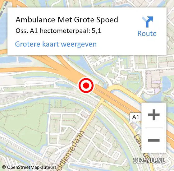 Locatie op kaart van de 112 melding: Ambulance Met Grote Spoed Naar Oss, A1 hectometerpaal: 5,1 op 15 oktober 2024 07:27