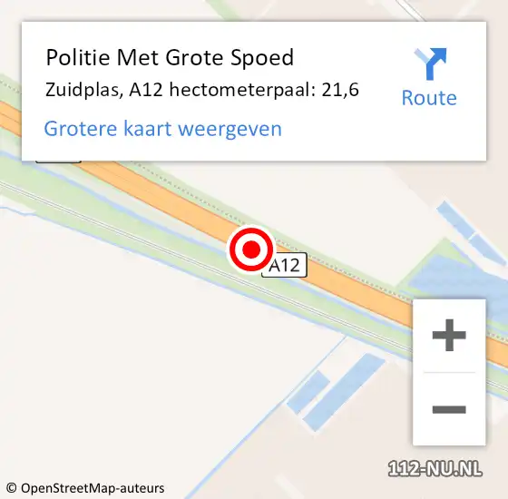 Locatie op kaart van de 112 melding: Politie Met Grote Spoed Naar Zuidplas, A12 hectometerpaal: 21,6 op 15 oktober 2024 07:49