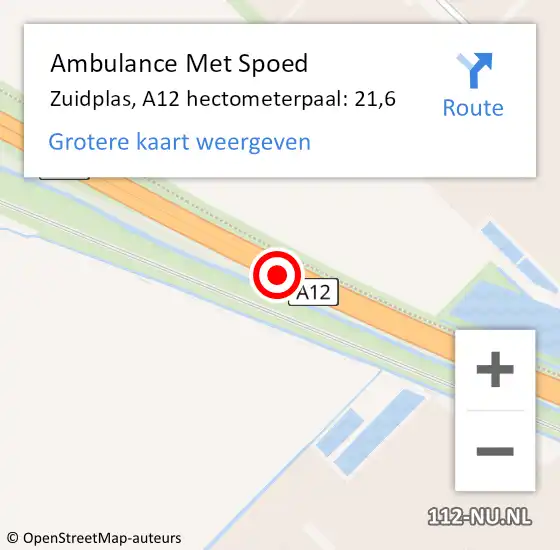 Locatie op kaart van de 112 melding: Ambulance Met Spoed Naar Zuidplas, A12 hectometerpaal: 21,6 op 15 oktober 2024 07:53