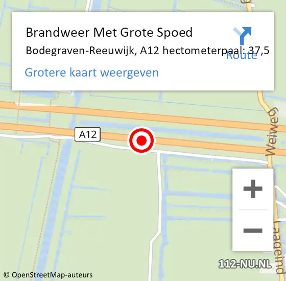 Locatie op kaart van de 112 melding: Brandweer Met Grote Spoed Naar Bodegraven-Reeuwijk, A12 hectometerpaal: 37,5 op 15 oktober 2024 08:04