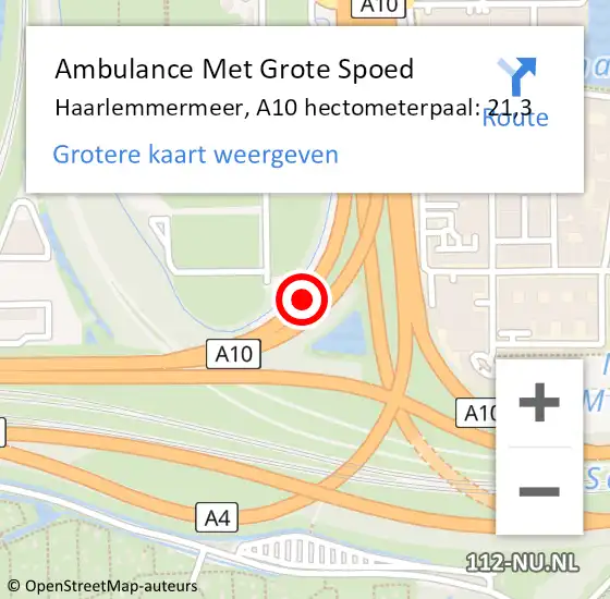 Locatie op kaart van de 112 melding: Ambulance Met Grote Spoed Naar Haarlemmermeer, A10 hectometerpaal: 21,3 op 15 oktober 2024 08:05