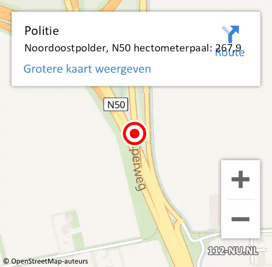 Locatie op kaart van de 112 melding: Politie Noordoostpolder, N50 hectometerpaal: 267,9 op 15 oktober 2024 08:06