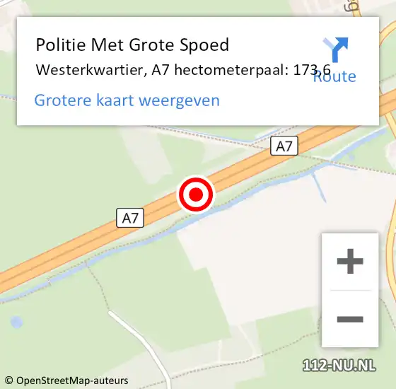 Locatie op kaart van de 112 melding: Politie Met Grote Spoed Naar Westerkwartier, A7 hectometerpaal: 173,6 op 15 oktober 2024 08:17