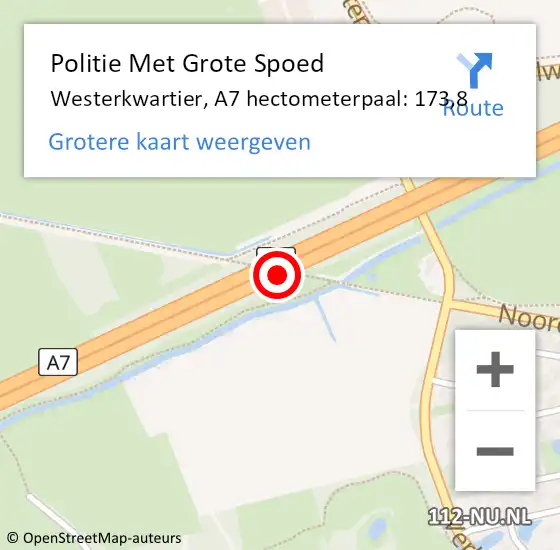 Locatie op kaart van de 112 melding: Politie Met Grote Spoed Naar Westerkwartier, A7 hectometerpaal: 173,8 op 15 oktober 2024 08:18