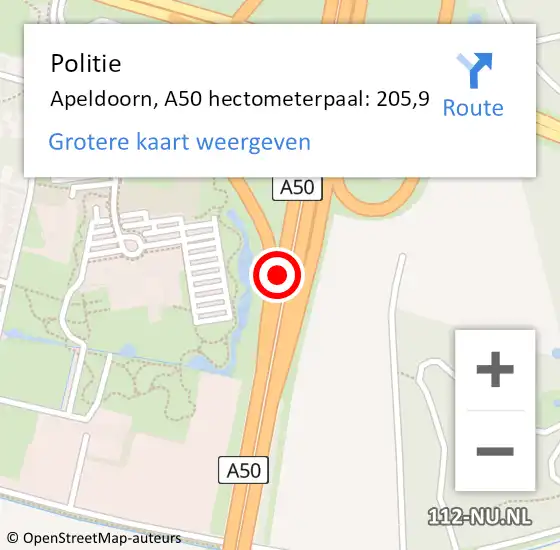 Locatie op kaart van de 112 melding: Politie Apeldoorn, A50 hectometerpaal: 205,9 op 15 oktober 2024 08:23