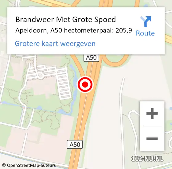 Locatie op kaart van de 112 melding: Brandweer Met Grote Spoed Naar Apeldoorn, A50 hectometerpaal: 205,9 op 15 oktober 2024 08:24