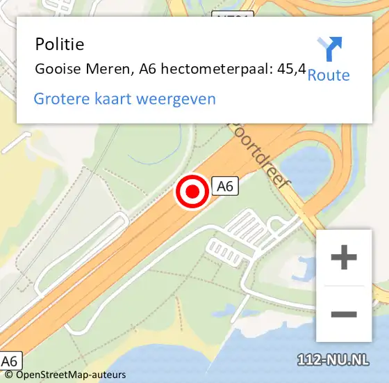 Locatie op kaart van de 112 melding: Politie Gooise Meren, A6 hectometerpaal: 45,4 op 15 oktober 2024 09:15