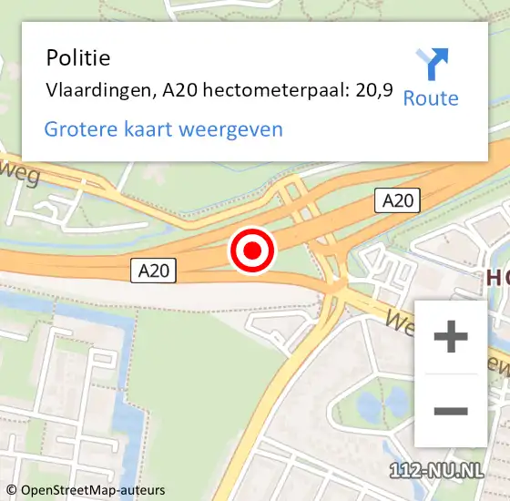 Locatie op kaart van de 112 melding: Politie Vlaardingen, A20 hectometerpaal: 20,9 op 15 oktober 2024 09:40