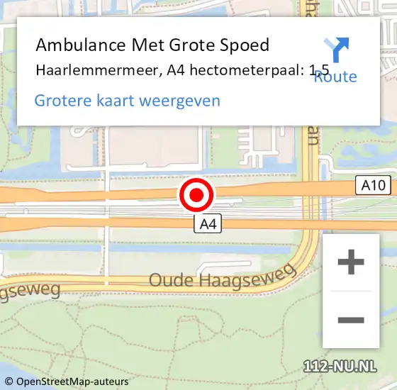 Locatie op kaart van de 112 melding: Ambulance Met Grote Spoed Naar Haarlemmermeer, A4 hectometerpaal: 1,5 op 15 oktober 2024 10:40