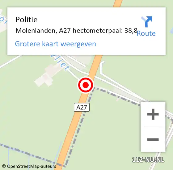 Locatie op kaart van de 112 melding: Politie Molenlanden, A27 hectometerpaal: 38,8 op 15 oktober 2024 11:42