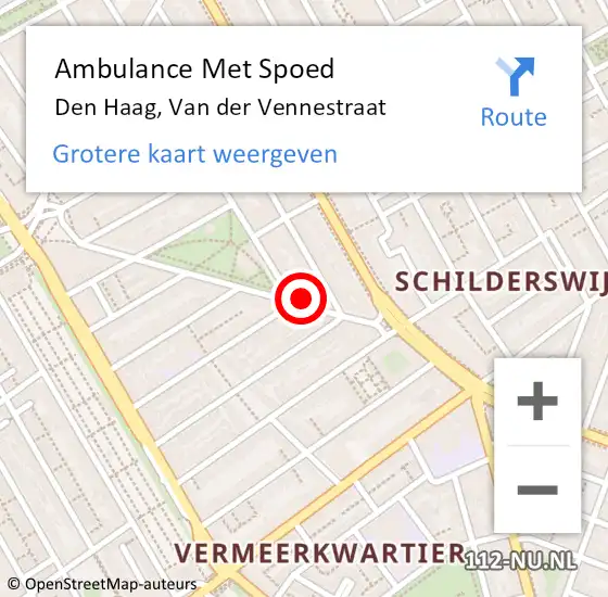 Locatie op kaart van de 112 melding: Ambulance Met Spoed Naar Den Haag, Van der Vennestraat op 15 oktober 2024 12:04