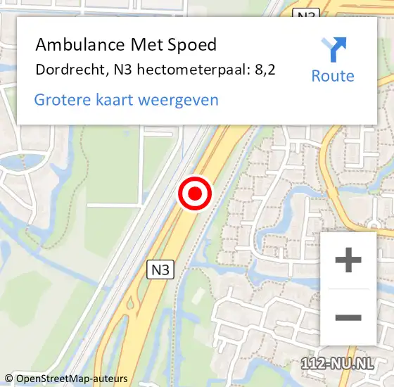 Locatie op kaart van de 112 melding: Ambulance Met Spoed Naar Dordrecht, N3 hectometerpaal: 8,2 op 15 oktober 2024 12:19