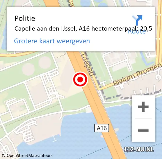 Locatie op kaart van de 112 melding: Politie Capelle aan den IJssel, A16 hectometerpaal: 20,5 op 15 oktober 2024 14:29