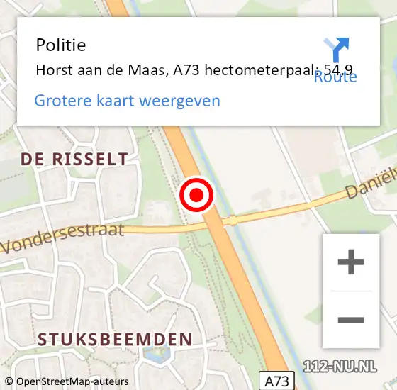 Locatie op kaart van de 112 melding: Politie Horst aan de Maas, A73 hectometerpaal: 54,9 op 15 oktober 2024 14:35