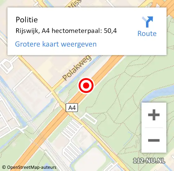 Locatie op kaart van de 112 melding: Politie Rijswijk, A4 hectometerpaal: 50,4 op 15 oktober 2024 15:57