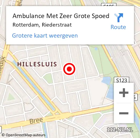 Locatie op kaart van de 112 melding: Ambulance Met Zeer Grote Spoed Naar Rotterdam, Riederstraat op 15 oktober 2024 17:53