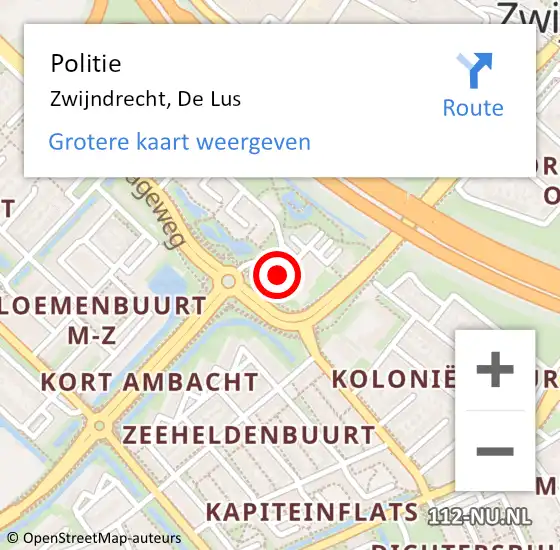 Locatie op kaart van de 112 melding: Politie Zwijndrecht, De Lus op 15 oktober 2024 20:48