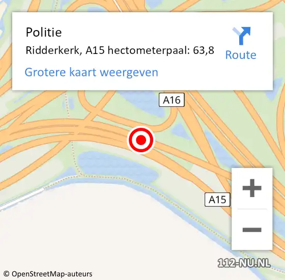 Locatie op kaart van de 112 melding: Politie Ridderkerk, A15 hectometerpaal: 63,8 op 15 oktober 2024 21:39