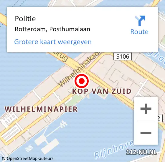 Locatie op kaart van de 112 melding: Politie Rotterdam, Posthumalaan op 15 oktober 2024 22:07