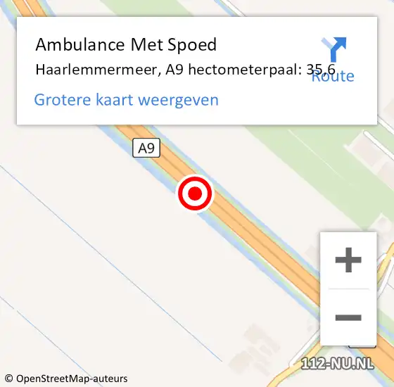 Locatie op kaart van de 112 melding: Ambulance Met Spoed Naar Haarlemmermeer, A9 hectometerpaal: 35,6 op 15 oktober 2024 22:28